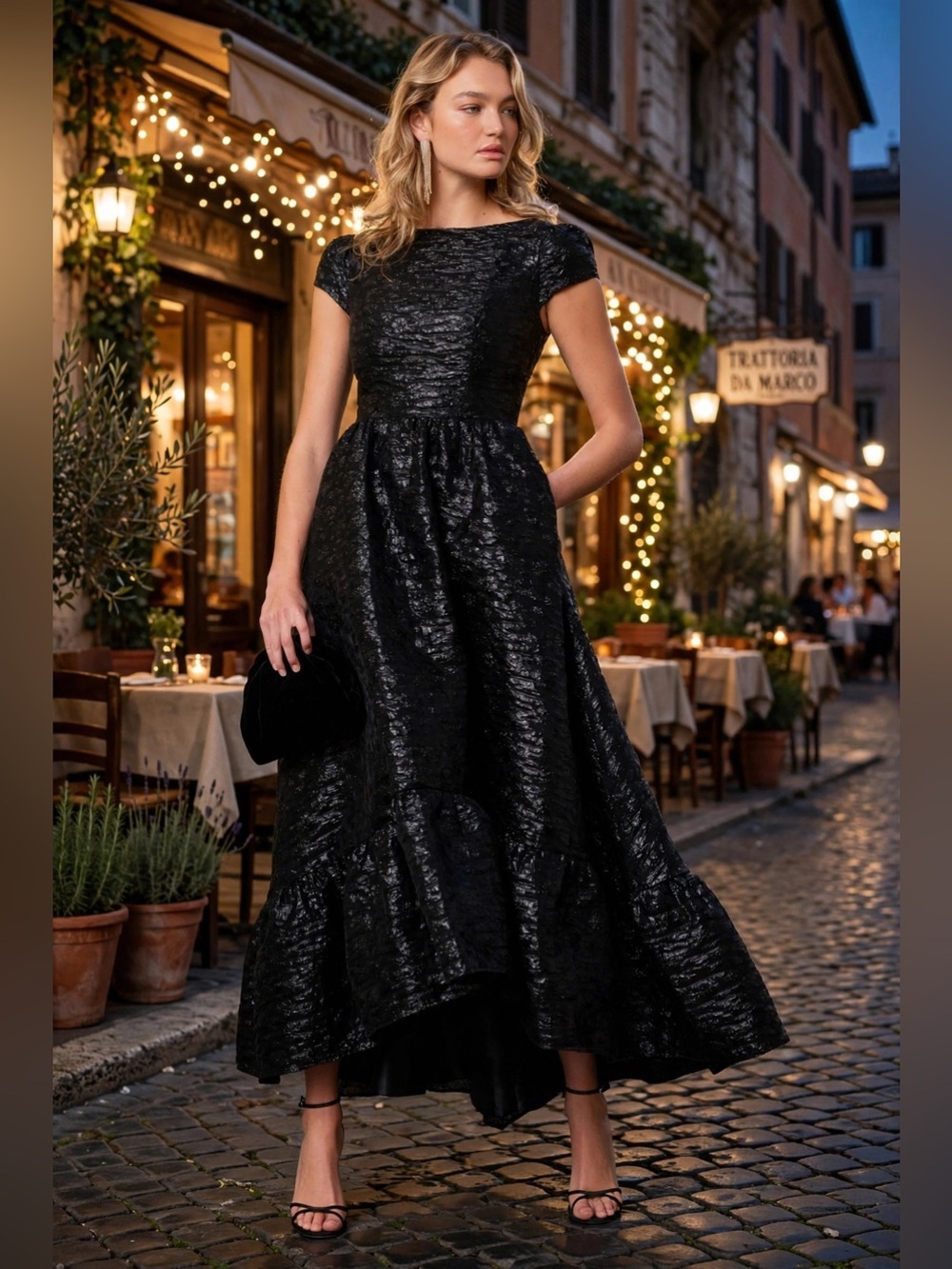 Mac Duggal Matte Brocade Dress Black Textured Cap-Sleeve Evening Dress size 10